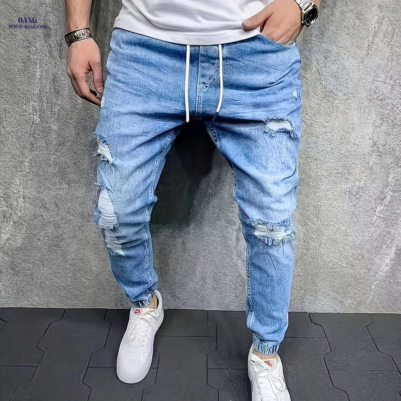 Men's Casual Denim Trousers - Loose Fit Cotton Blend Joggers   OAXG 