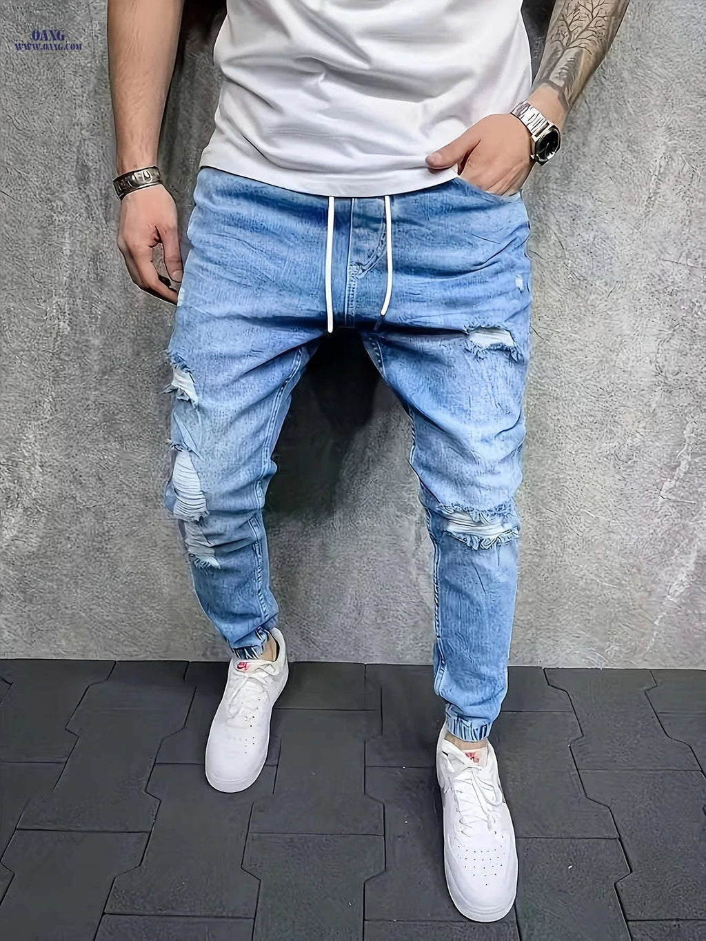 Men's Casual Denim Trousers - Loose Fit Cotton Blend Joggers   OAXG 