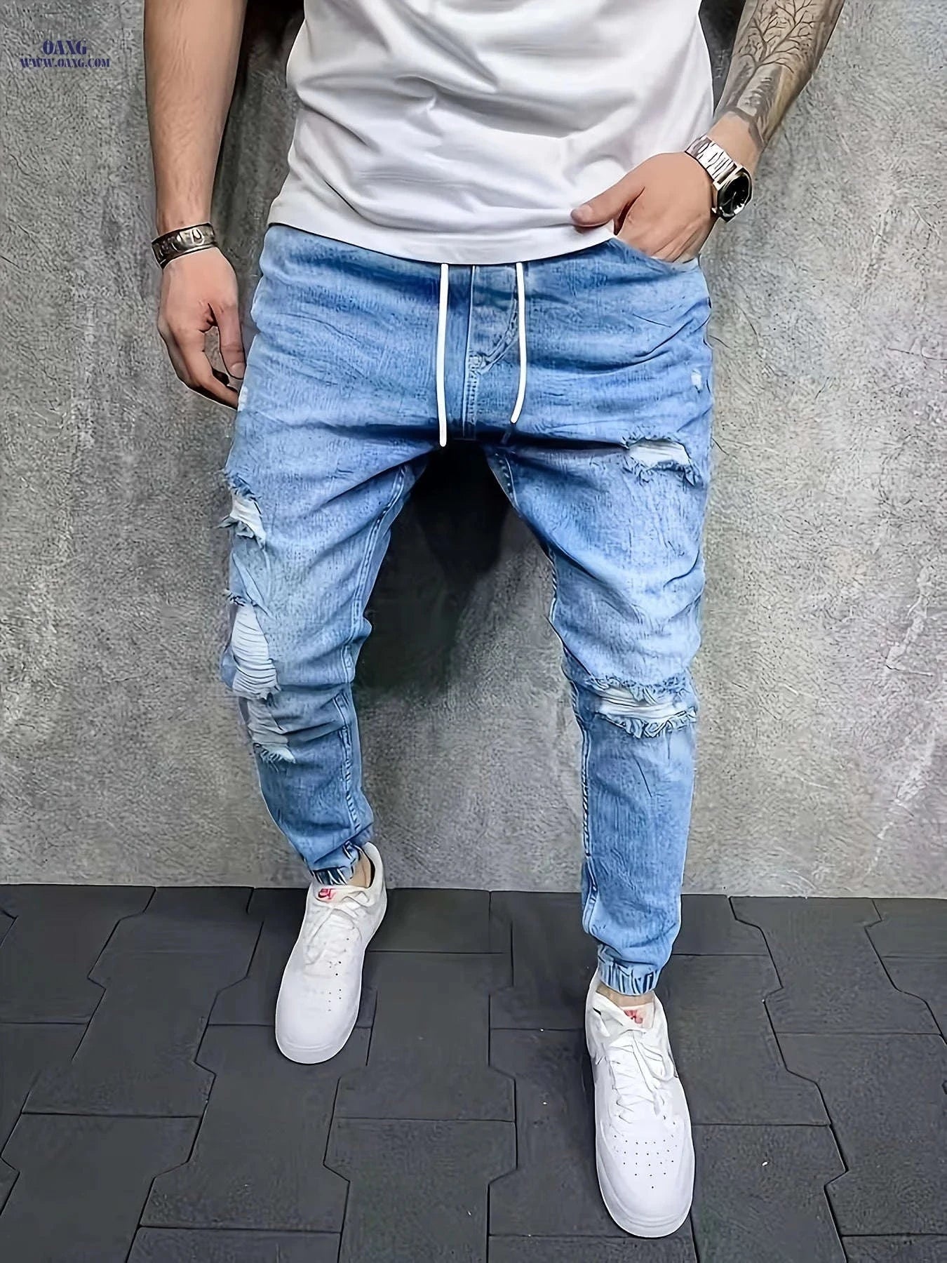 Men's Casual Denim Trousers - Loose Fit Cotton Blend Joggers   OAXG 