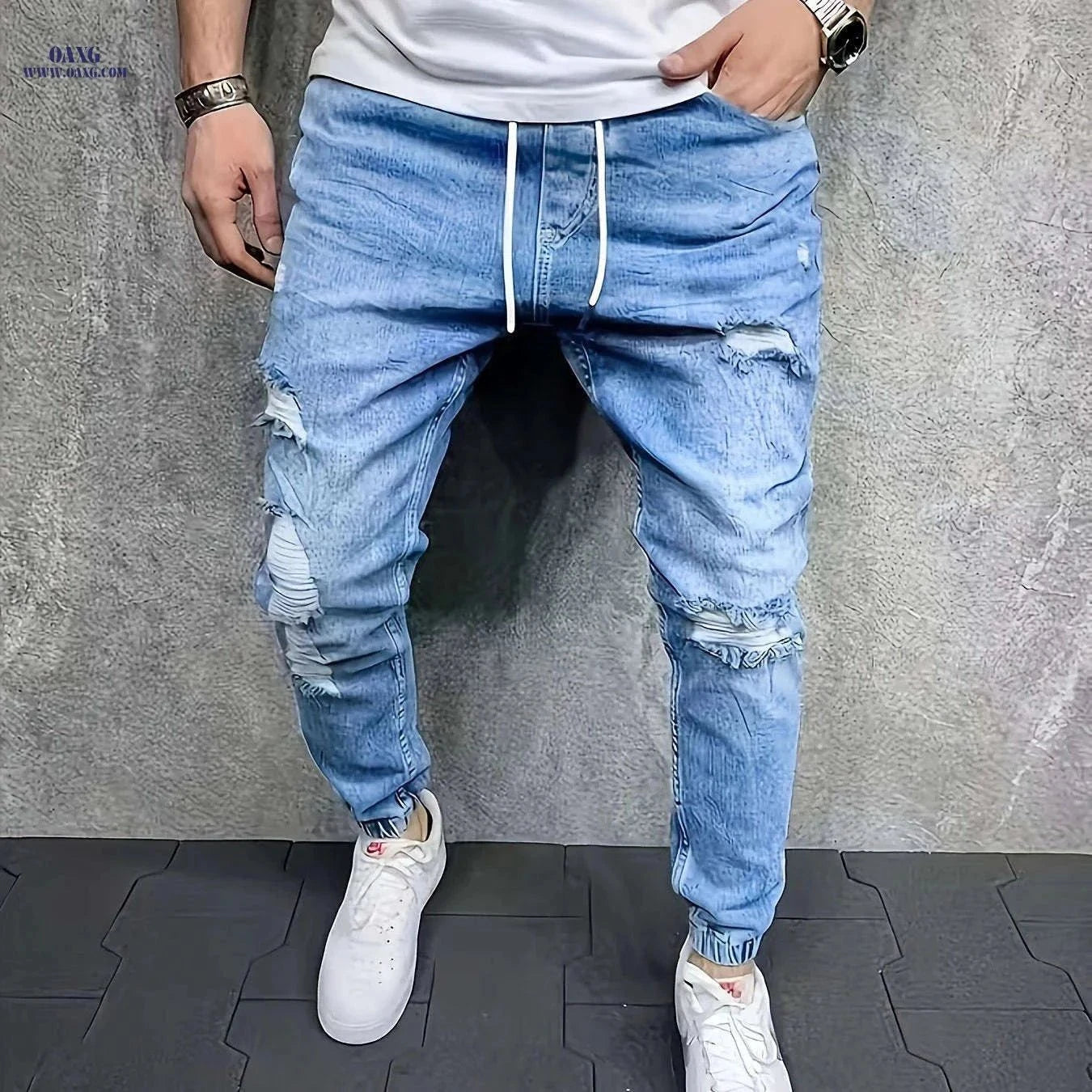 Men's Casual Denim Trousers - Loose Fit Cotton Blend Joggers   OAXG Sky Blue / FR M