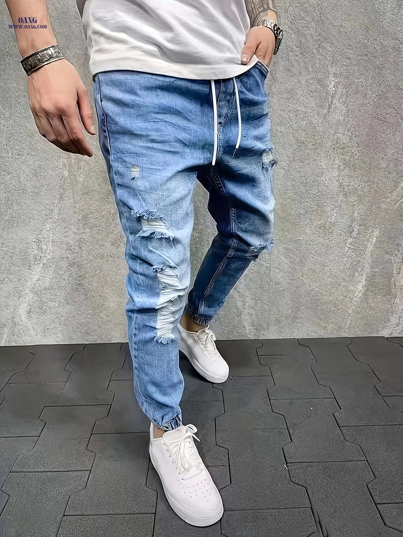 Men's Casual Denim Trousers - Loose Fit Cotton Blend Joggers   OAXG Sky Blue / FR M
