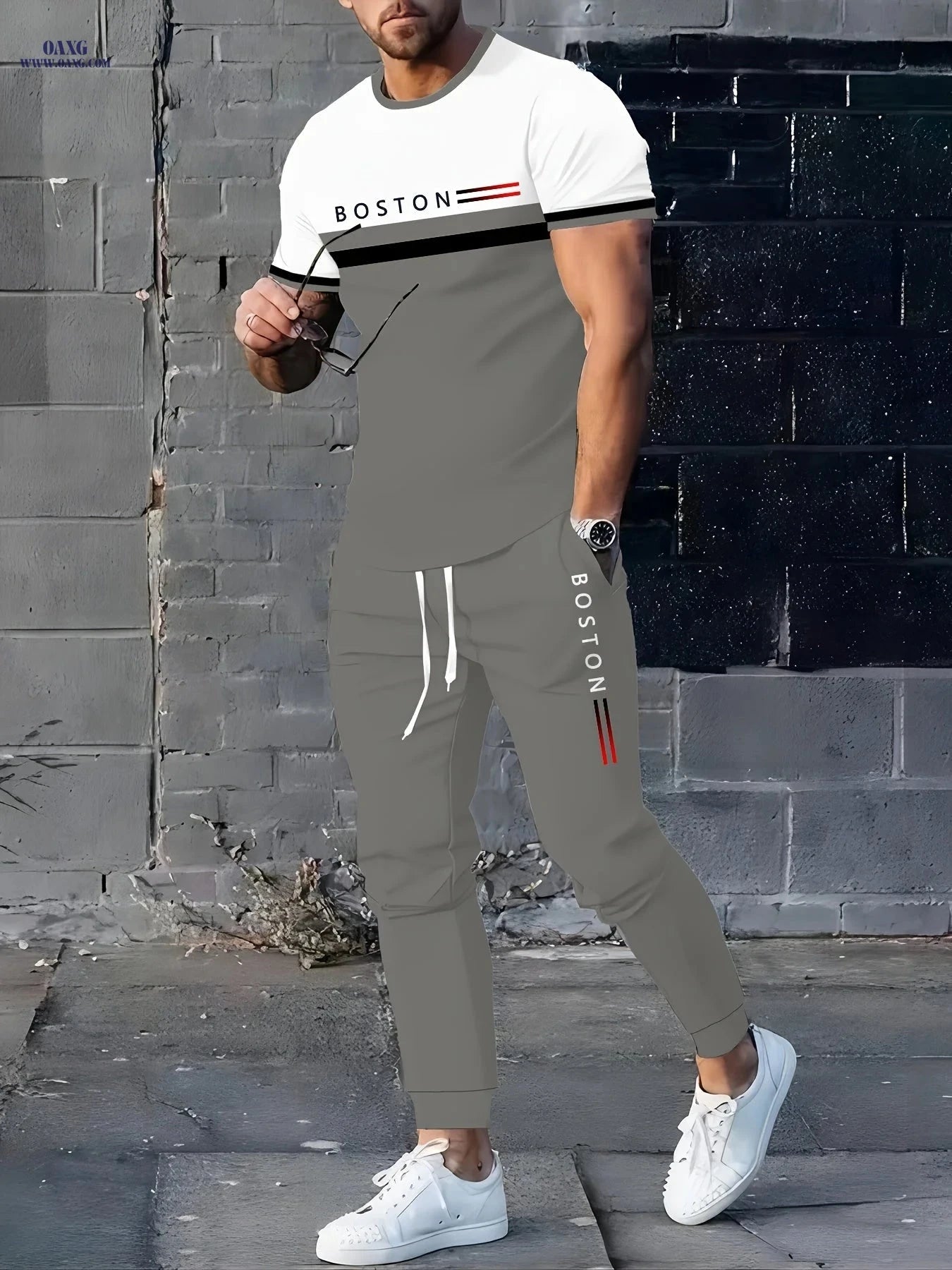 Men's Casual Digital Print T-Shirt Pants Set - Stretchy Polyester   OAXG CT90 / FR S