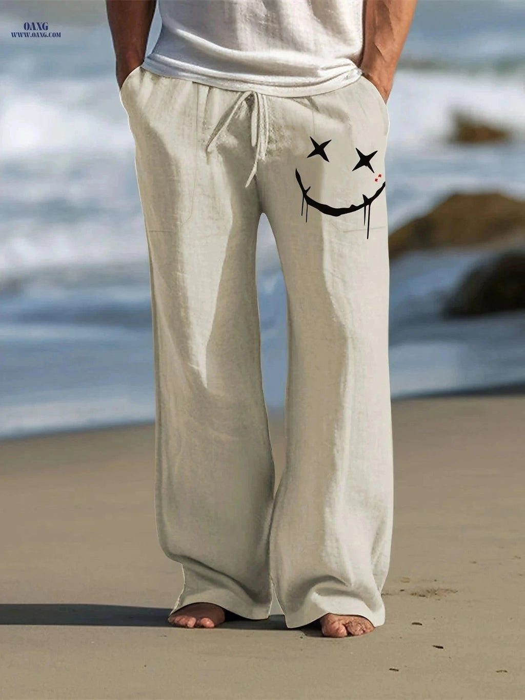 Men's Casual Drawstring Pants - Whimsical Print for Beach Style   OAXG Khaki / FR S