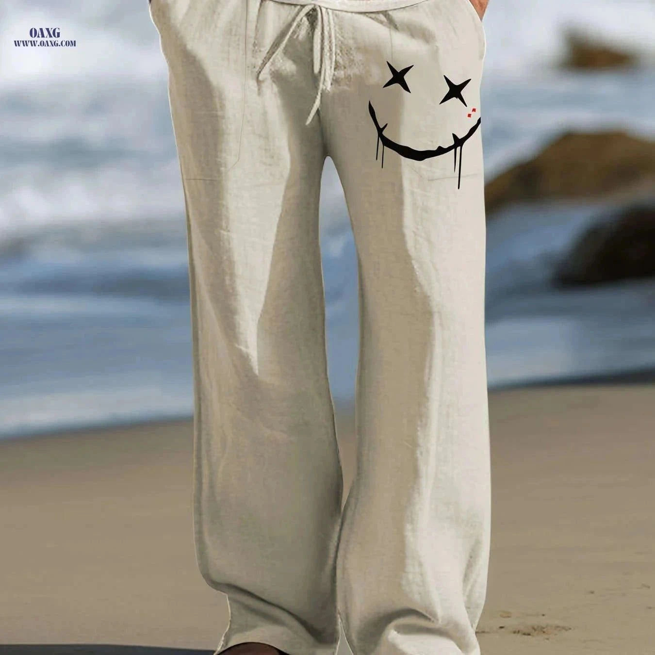 Men's Casual Drawstring Pants - Whimsical Print for Beach Style   OAXG Khaki / FR S