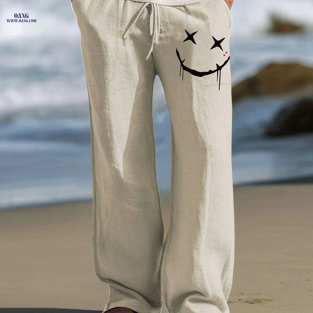 Men's Casual Drawstring Pants - Whimsical Print for Beach Style   OAXG Khaki / FR S
