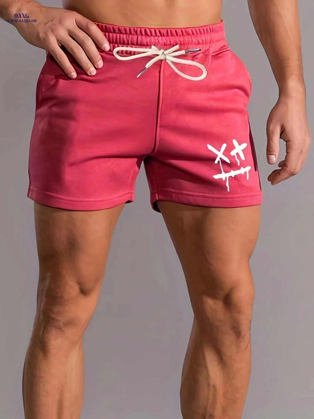 Men's Casual Drawstring Shorts - Dizzy Face Graphic, Summer Style   OAXG Pink Red Color / S