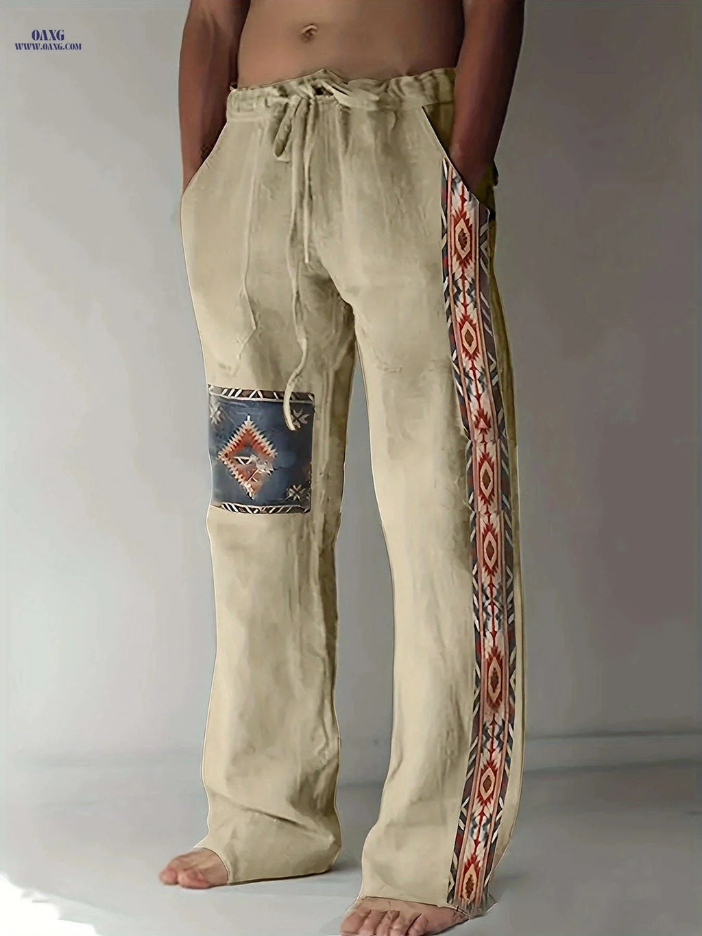 Men's Casual Drawstring Straight-Leg Pants - Ethnic Style Print   OAXG 