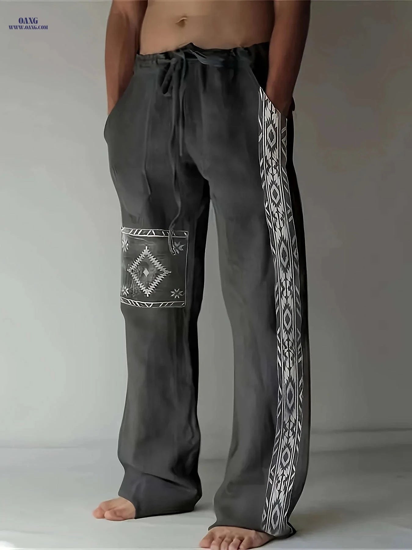 Men's Casual Drawstring Straight-Leg Pants - Ethnic Style Print   OAXG 