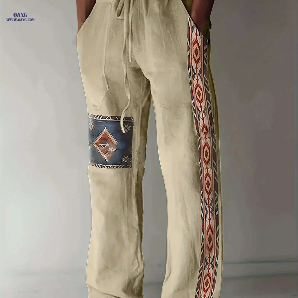 Men's Casual Drawstring Straight-Leg Pants - Ethnic Style Print   OAXG 