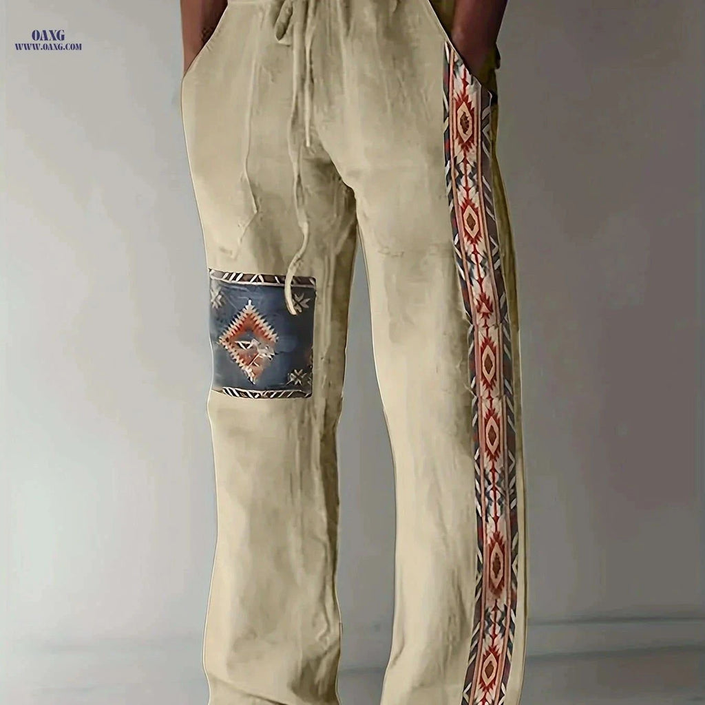 Men's Casual Drawstring Straight-Leg Pants - Ethnic Style Print   OAXG Khaki / FR XXS