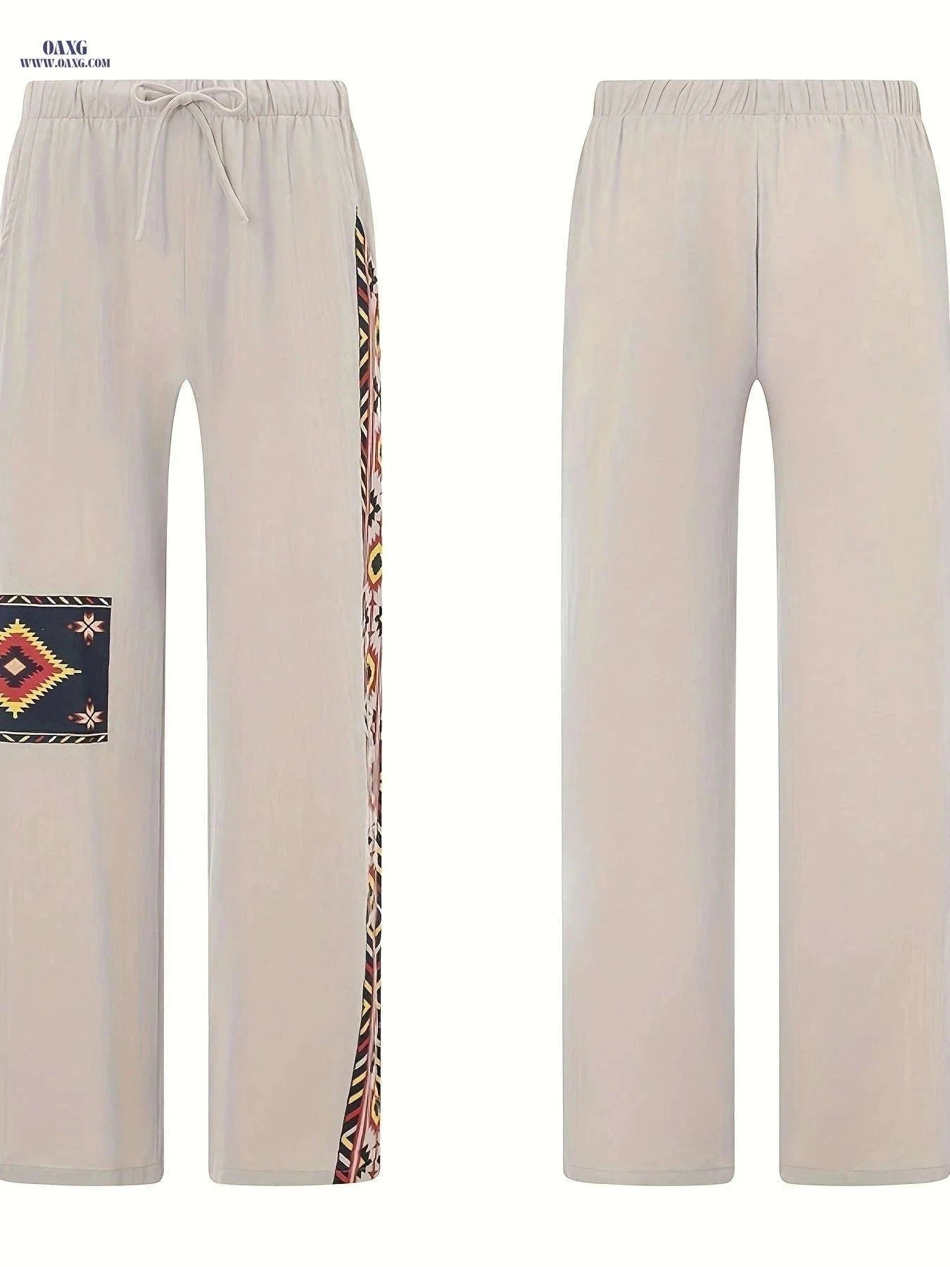 Men's Casual Drawstring Straight-Leg Pants - Ethnic Style Print   OAXG Khaki / FR XXS