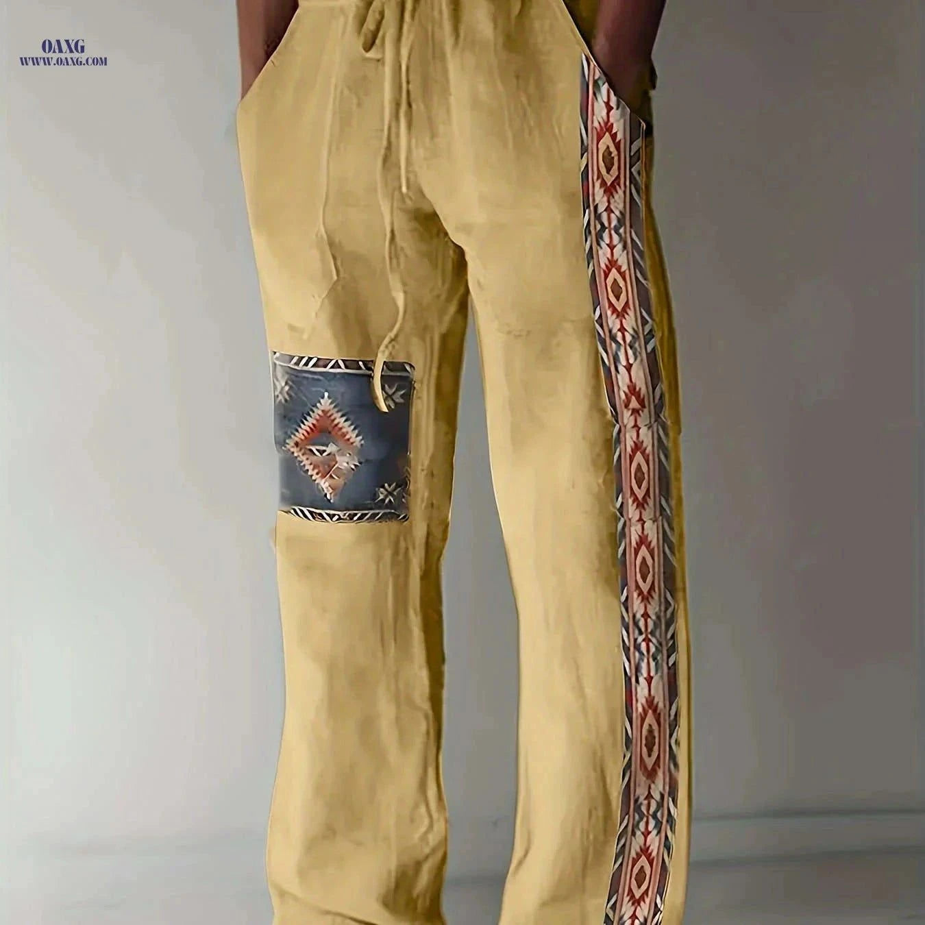 Men's Casual Drawstring Straight-Leg Pants - Ethnic Style Print   OAXG Khaki / FR XXS