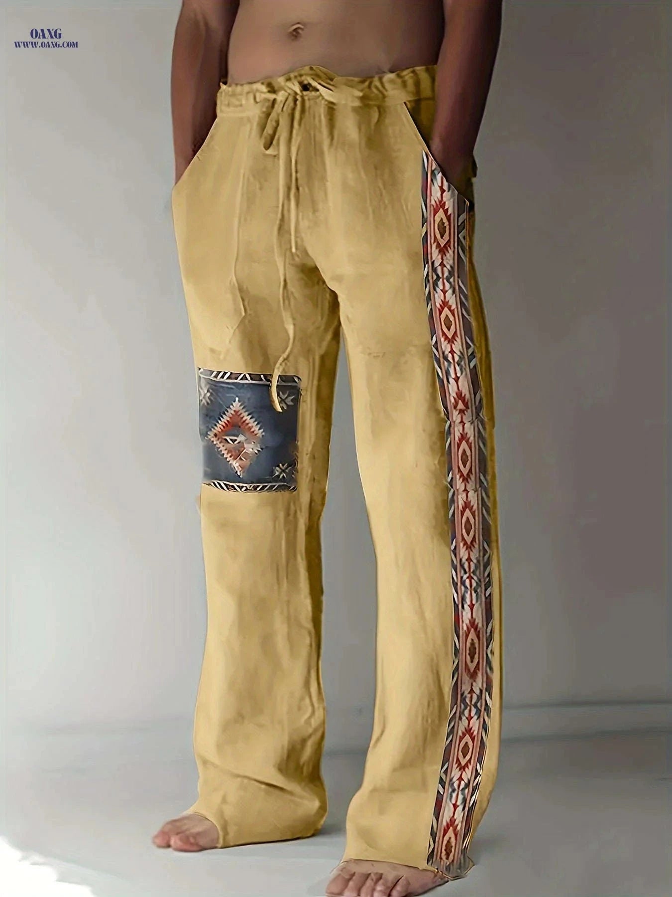 Men's Casual Drawstring Straight-Leg Pants - Ethnic Style Print   OAXG Khaki / FR XXS