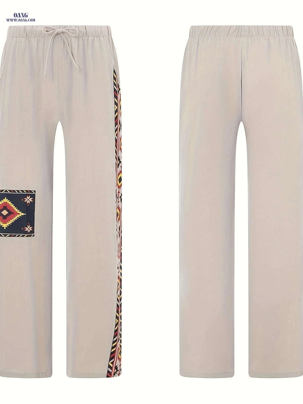 Men's Casual Drawstring Straight-Leg Pants - Ethnic Style Print   OAXG Khaki / FR XXS