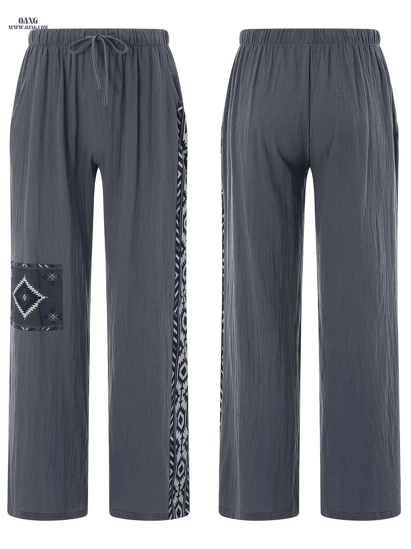 Men's Casual Drawstring Straight-Leg Pants - Ethnic Style Print   OAXG Khaki / FR XXS