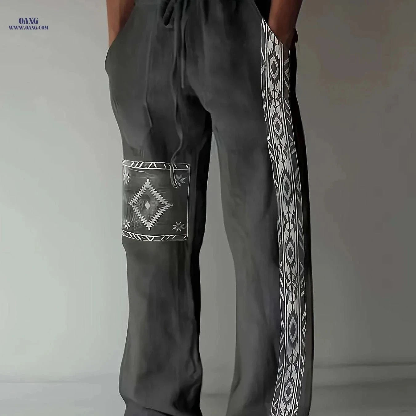 Men's Casual Drawstring Straight-Leg Pants - Ethnic Style Print   OAXG Khaki / FR XXS