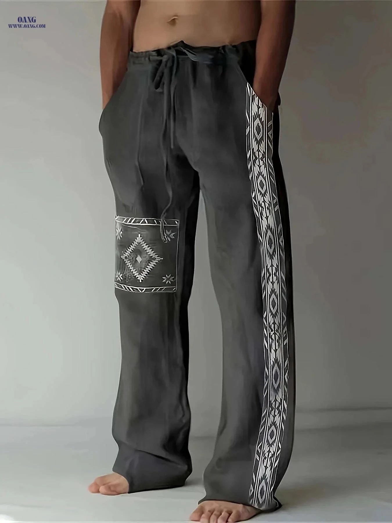 Men's Casual Drawstring Straight-Leg Pants - Ethnic Style Print   OAXG Khaki / FR XXS