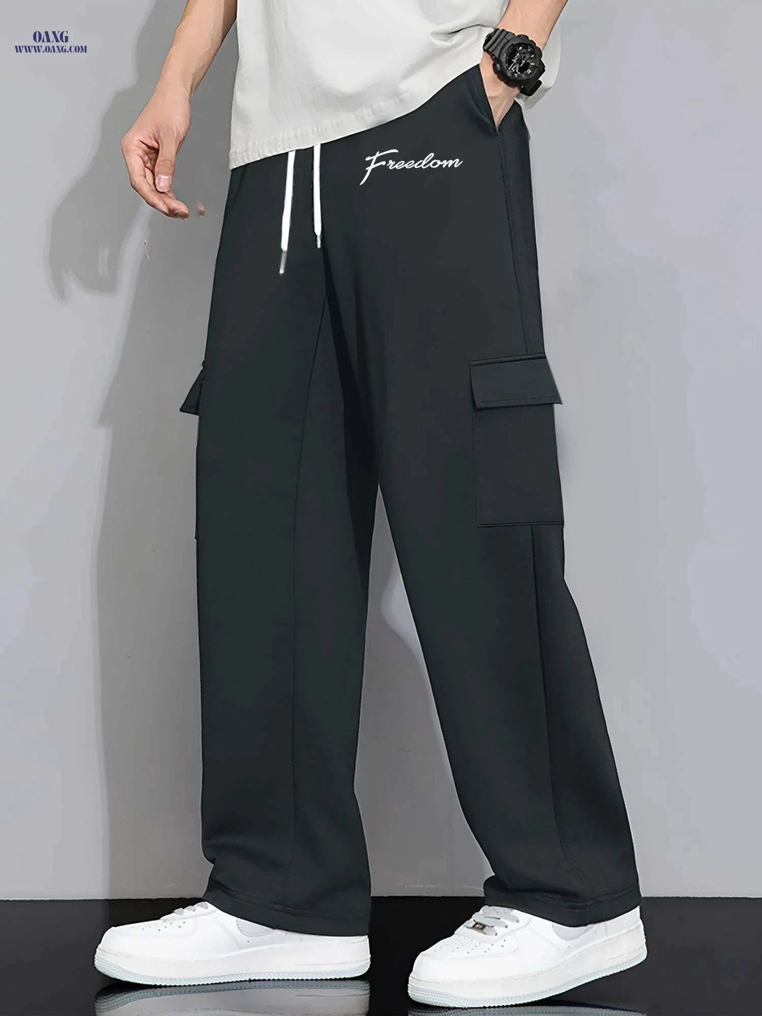 Men's Casual Drawstring Work Pants - Comfortable Straight-Leg Style   OAXG Black / S
