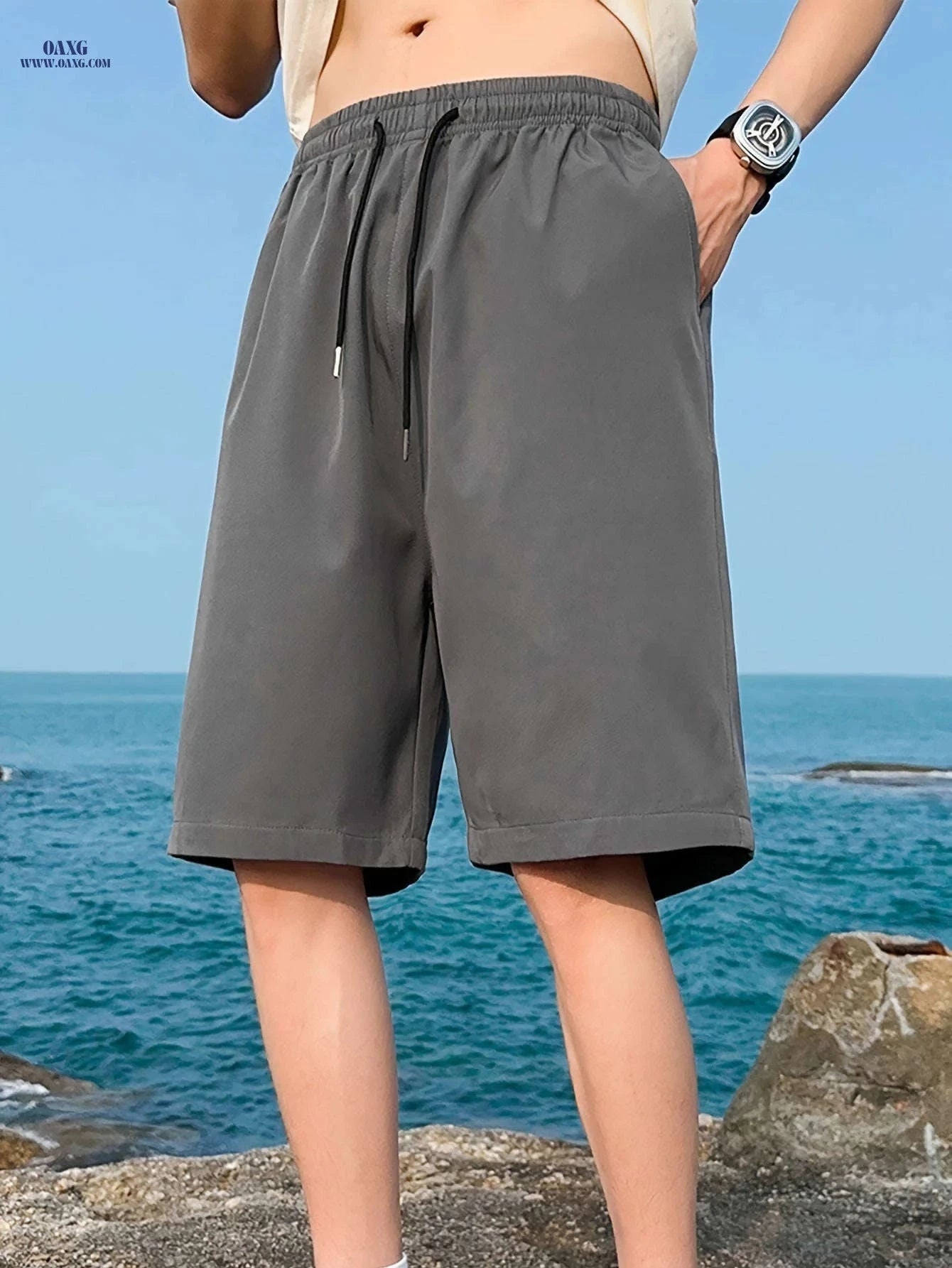 Men's Casual Elastic Waist Shorts with Pockets - Solid Color   OAXG 