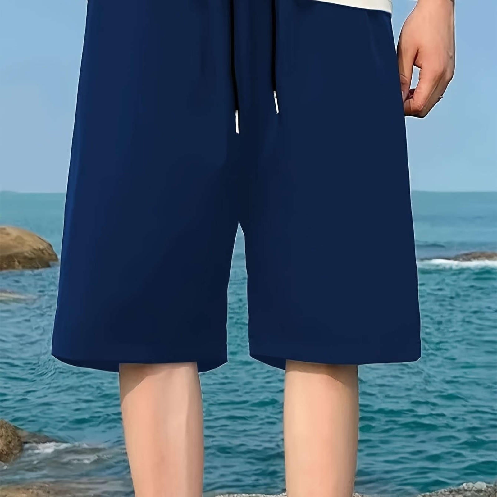 Men's Casual Elastic Waist Shorts with Pockets - Solid Color   OAXG 