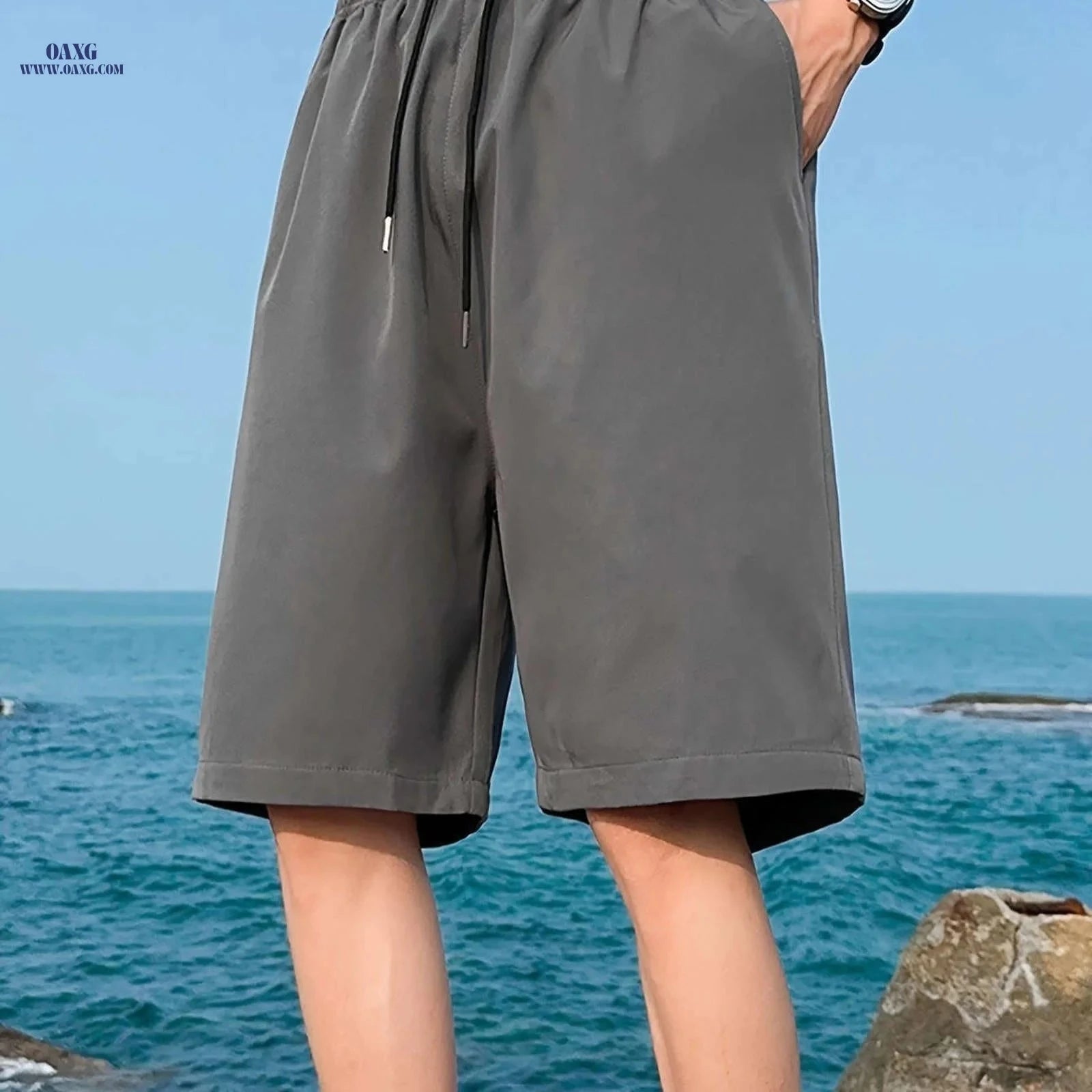 Men's Casual Elastic Waist Shorts with Pockets - Solid Color   OAXG 