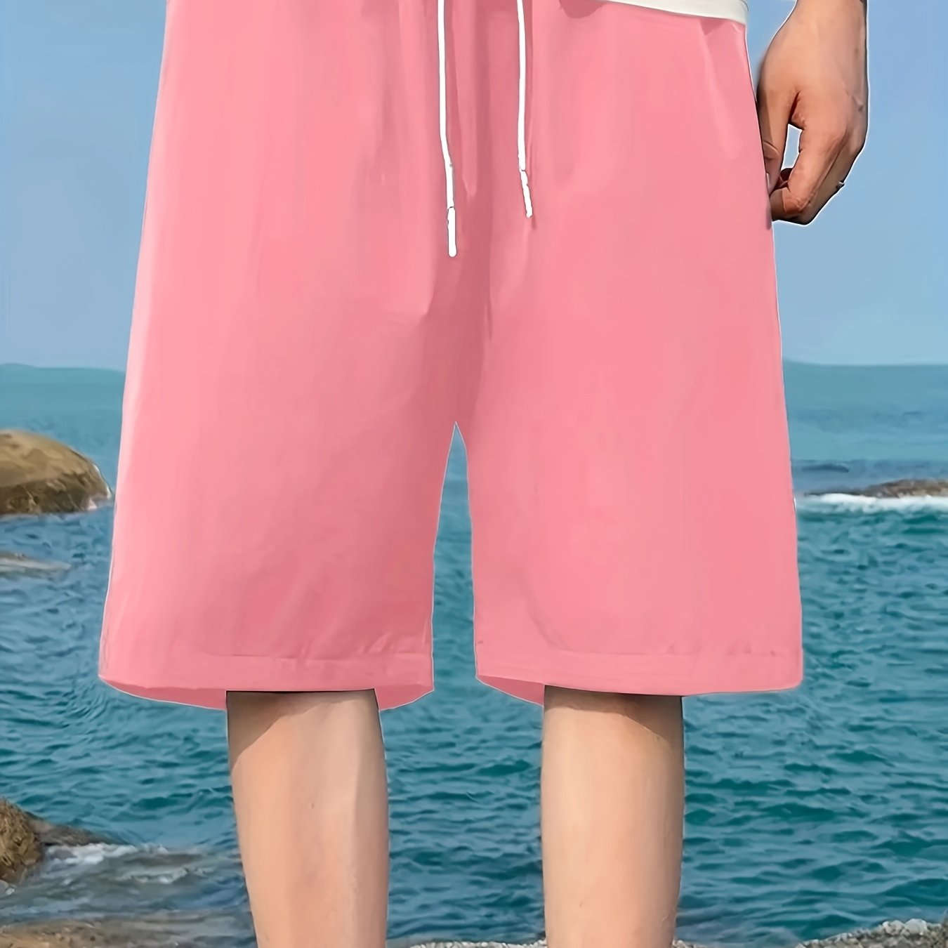 Men's Casual Elastic Waist Shorts with Pockets - Solid Color   OAXG 