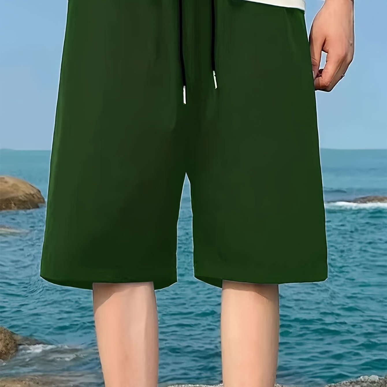 Men's Casual Elastic Waist Shorts with Pockets - Solid Color   OAXG 
