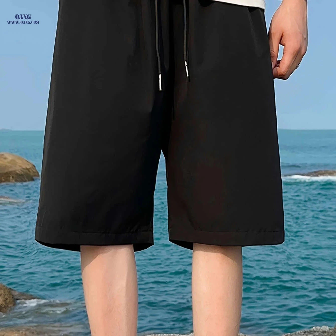 Men's Casual Elastic Waist Shorts with Pockets - Solid Color   OAXG Black / FR XS
