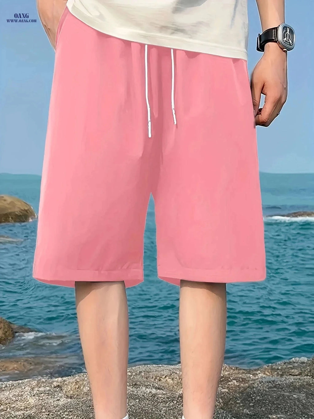 Men's Casual Elastic Waist Shorts with Pockets - Solid Color   OAXG 