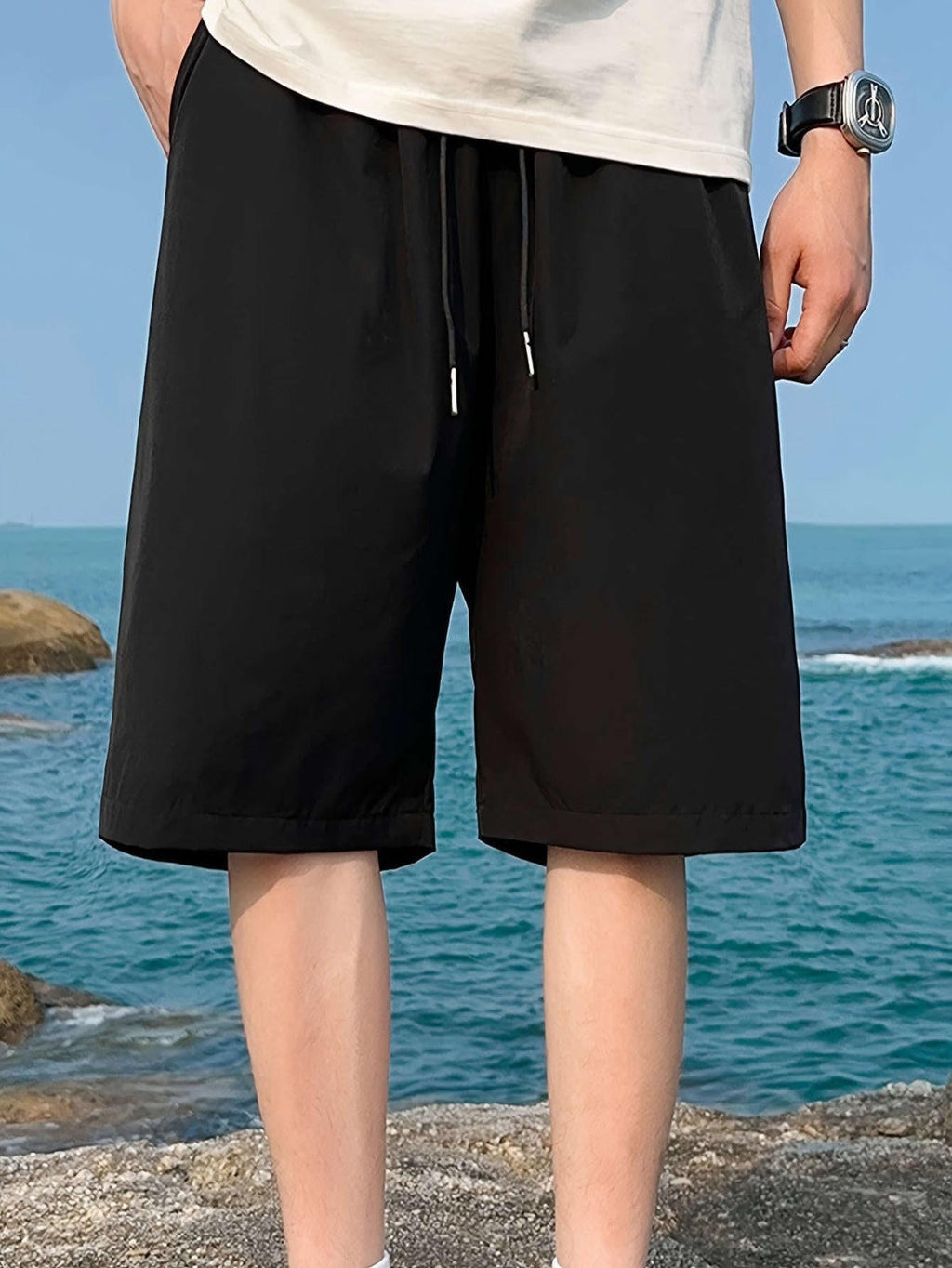 Men's Casual Elastic Waist Shorts with Pockets - Solid Color   OAXG 
