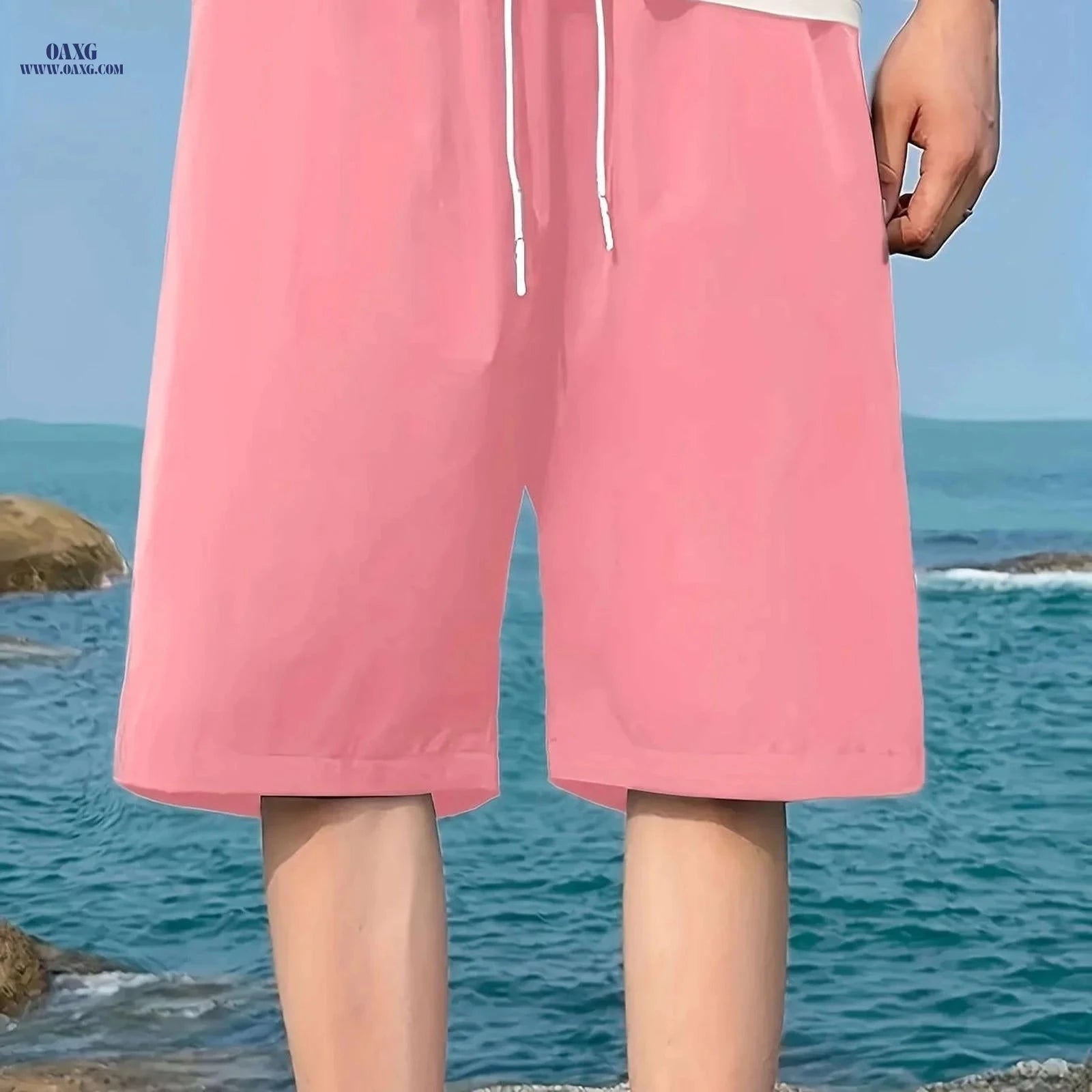 Men's Casual Elastic Waist Shorts with Pockets - Solid Color   OAXG 