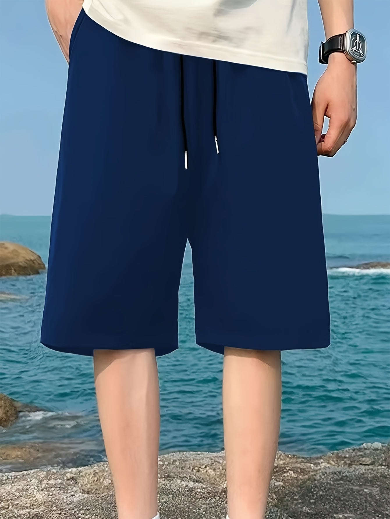 Men's Casual Elastic Waist Shorts with Pockets - Solid Color   OAXG 