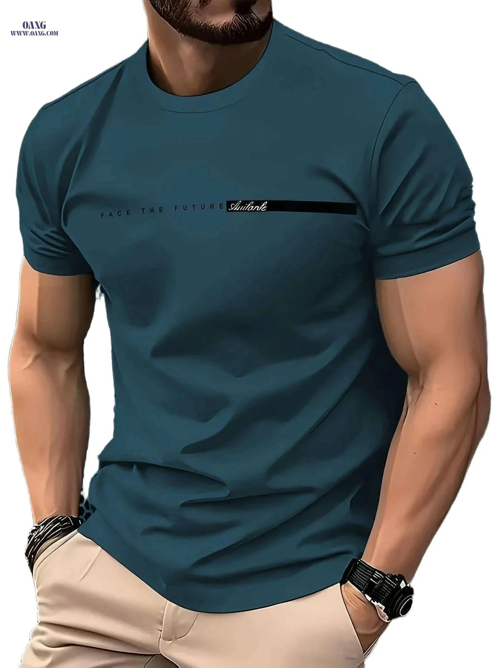 Men's Casual "Face the Future" T-Shirt - Breathable Crew Neck, Summer Fit   OAXG Mixed Color / S