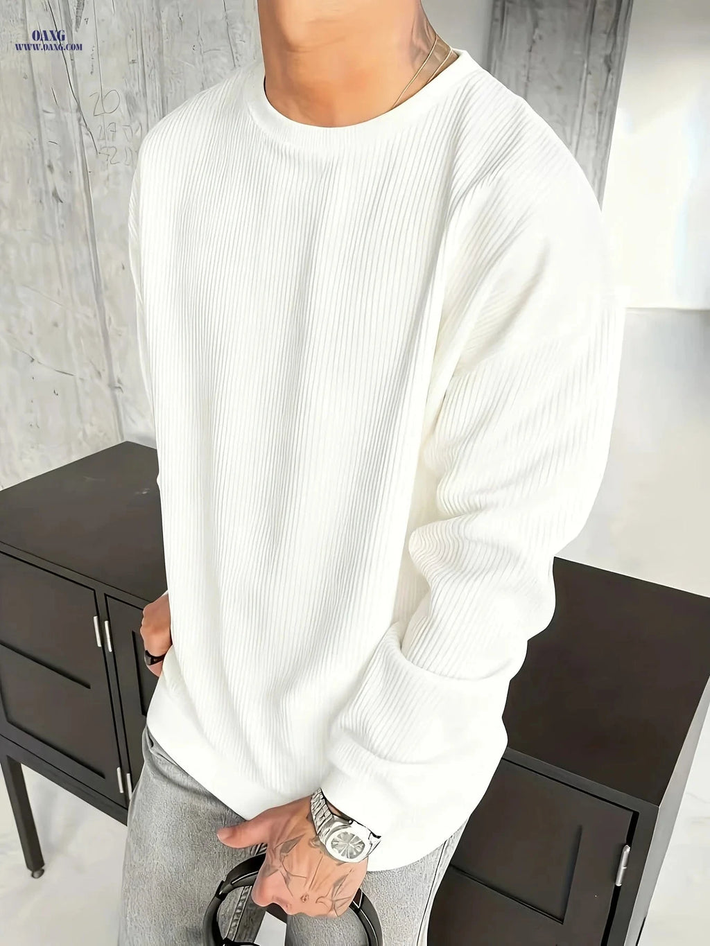 Men’s Casual Fashion Sweatshirt - Long Sleeve, Solid Color, Everyday Wear   OAXG 