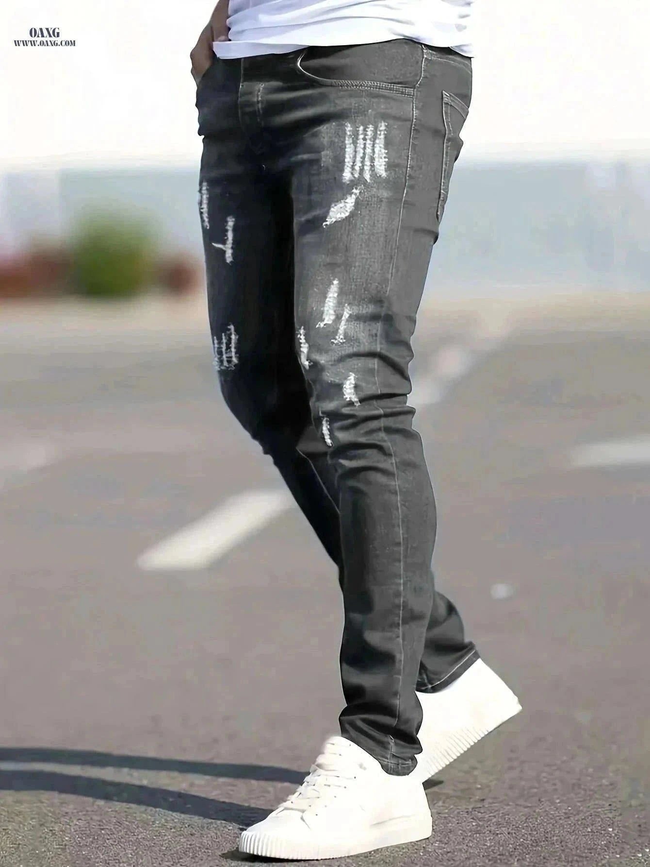 Men's Casual Fit Ripped Jeans - All-Season Comfort & Style   OAXG Black / XS
