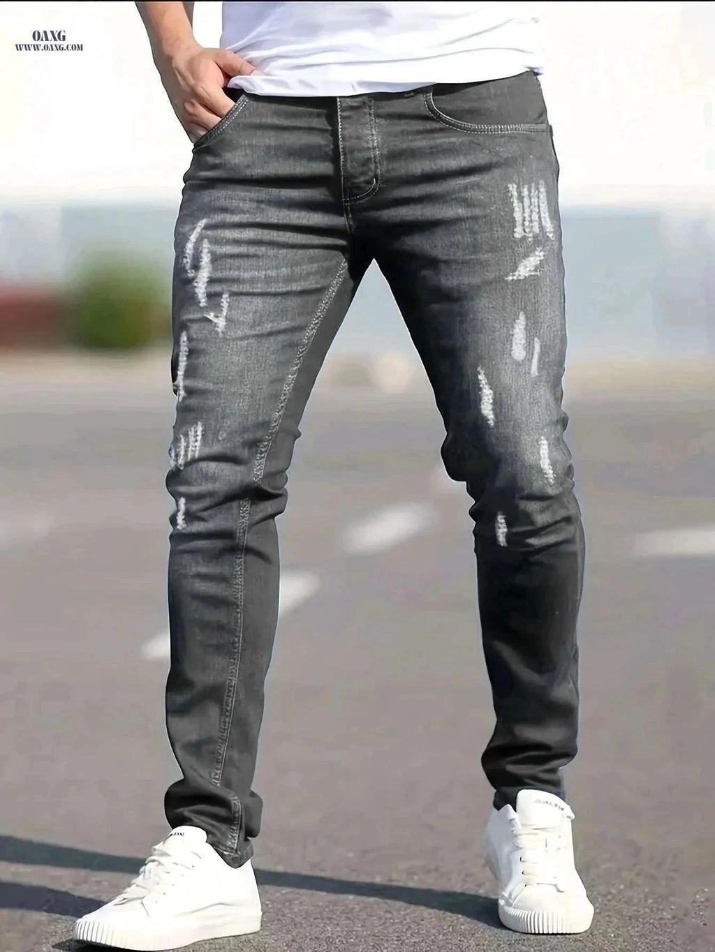 Men's Casual Fit Ripped Jeans - All-Season Comfort & Style   OAXG Black / XS