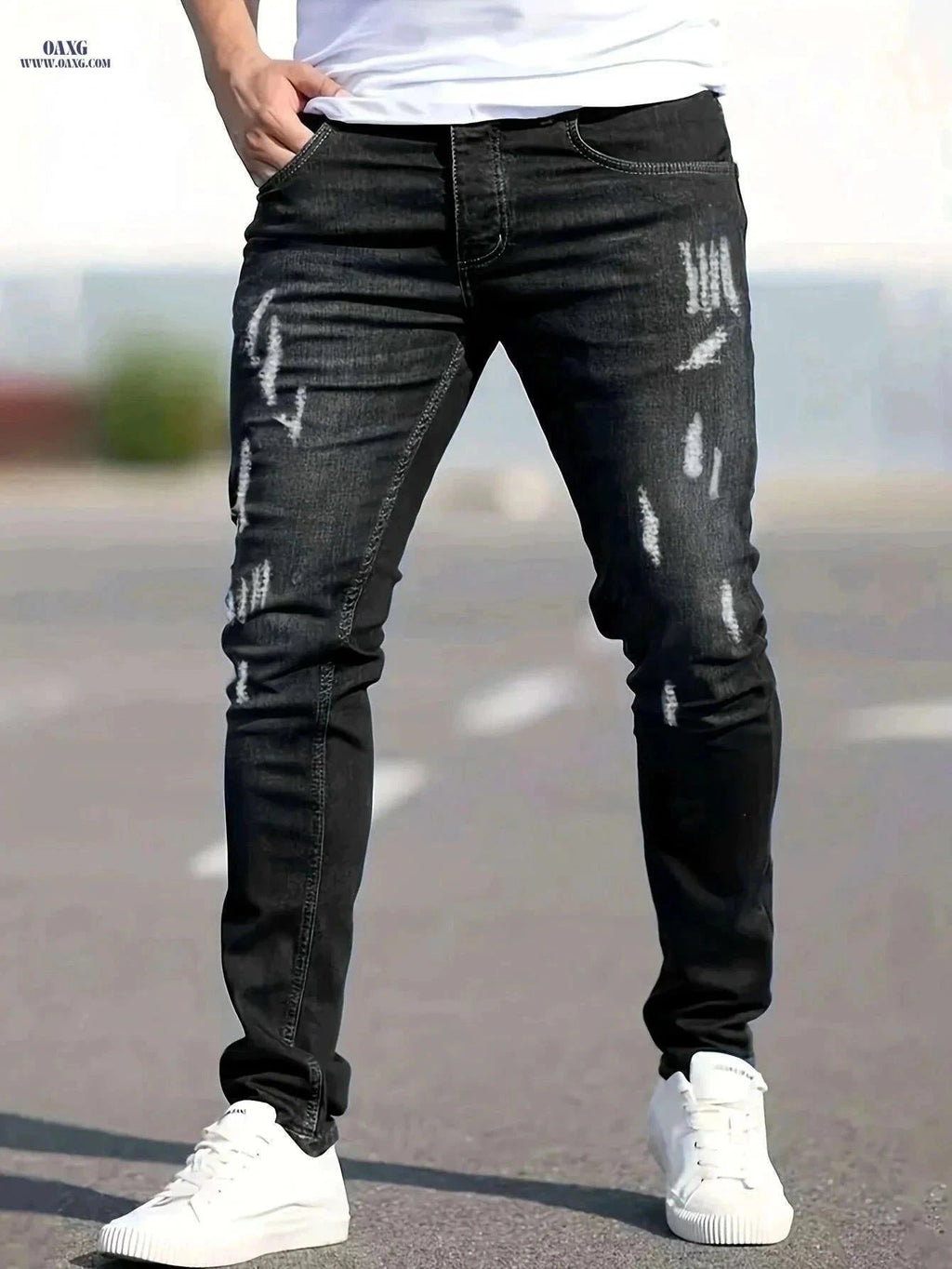 Men's Casual Fit Ripped Jeans - All-Season Comfort & Style   OAXG Black / XS