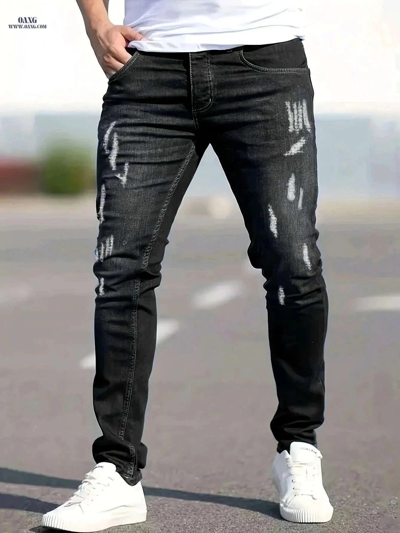 Men's Casual Fit Ripped Jeans - All-Season Comfort & Style   OAXG Black / XS