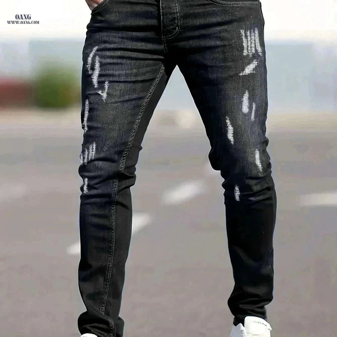 Men's Casual Fit Ripped Jeans - All-Season Comfort & Style   OAXG Black / XS
