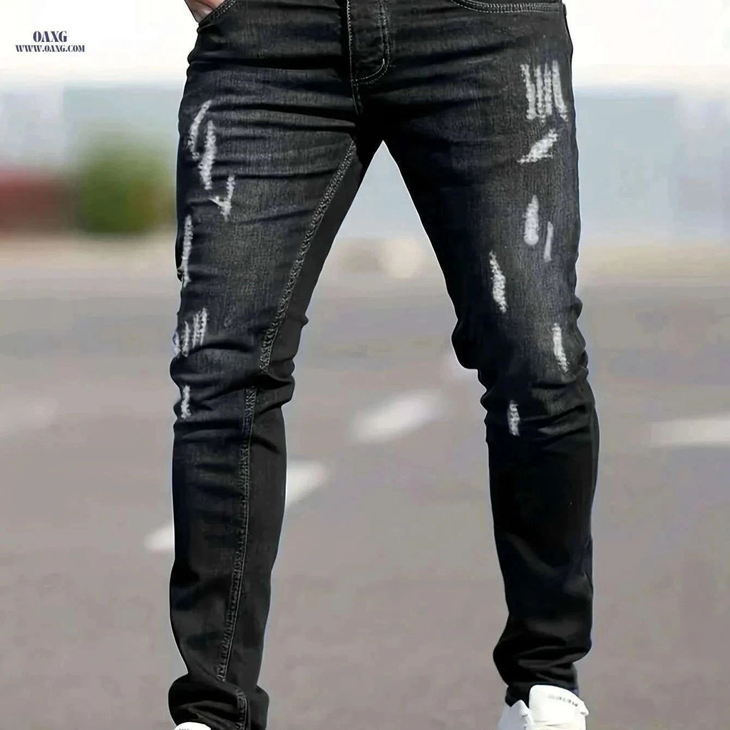 Men's Casual Fit Ripped Jeans - All-Season Comfort & Style   OAXG Black / XS