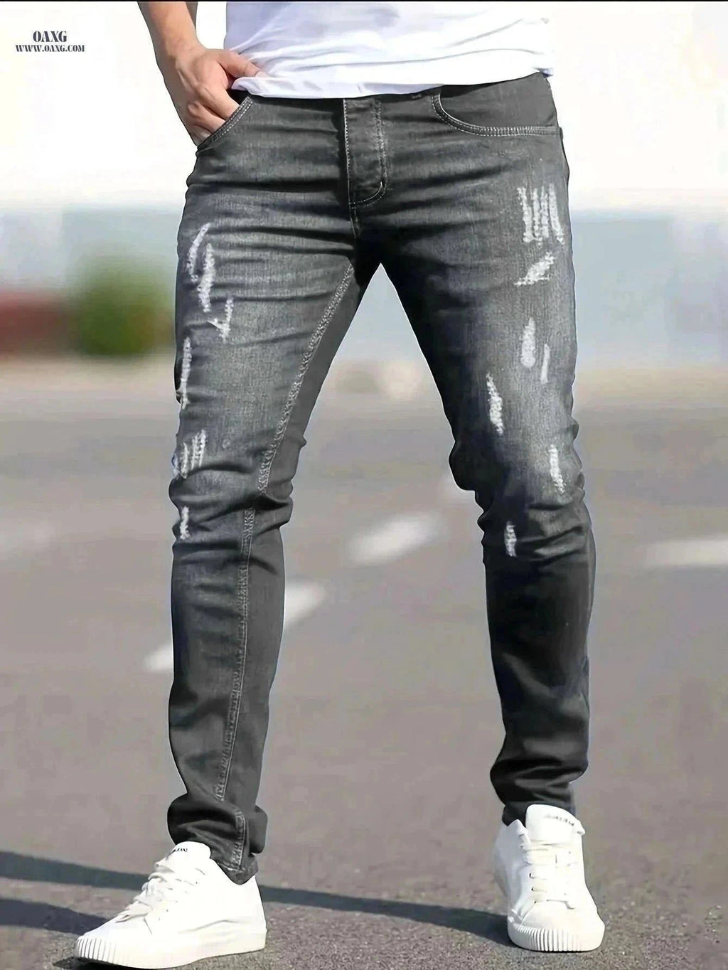Men's Casual Fit Ripped Jeans - All-Season Comfort & Style   OAXG Black / XS
