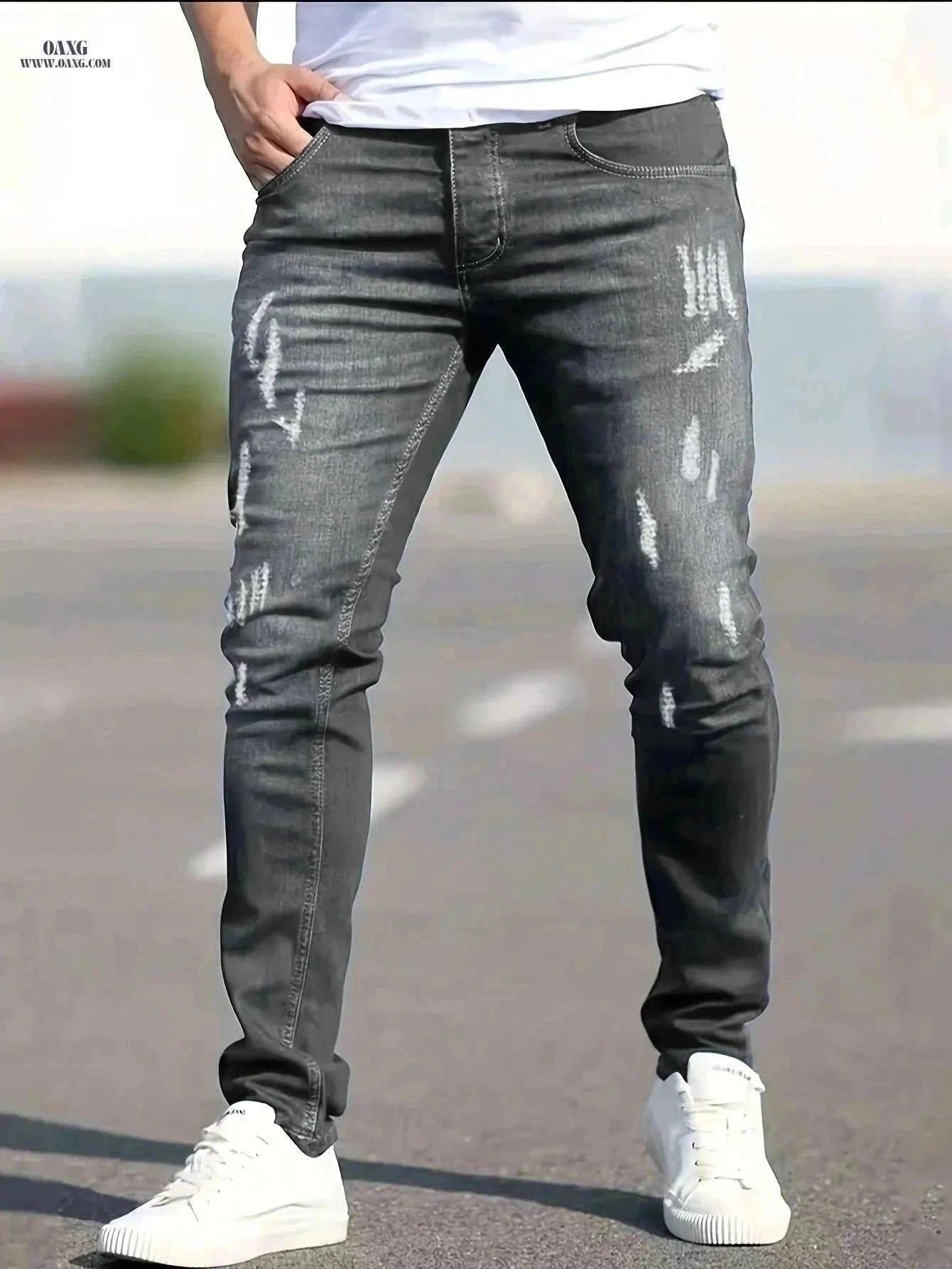 Men's Casual Fit Ripped Jeans - All-Season Comfort & Style   OAXG Black / XS
