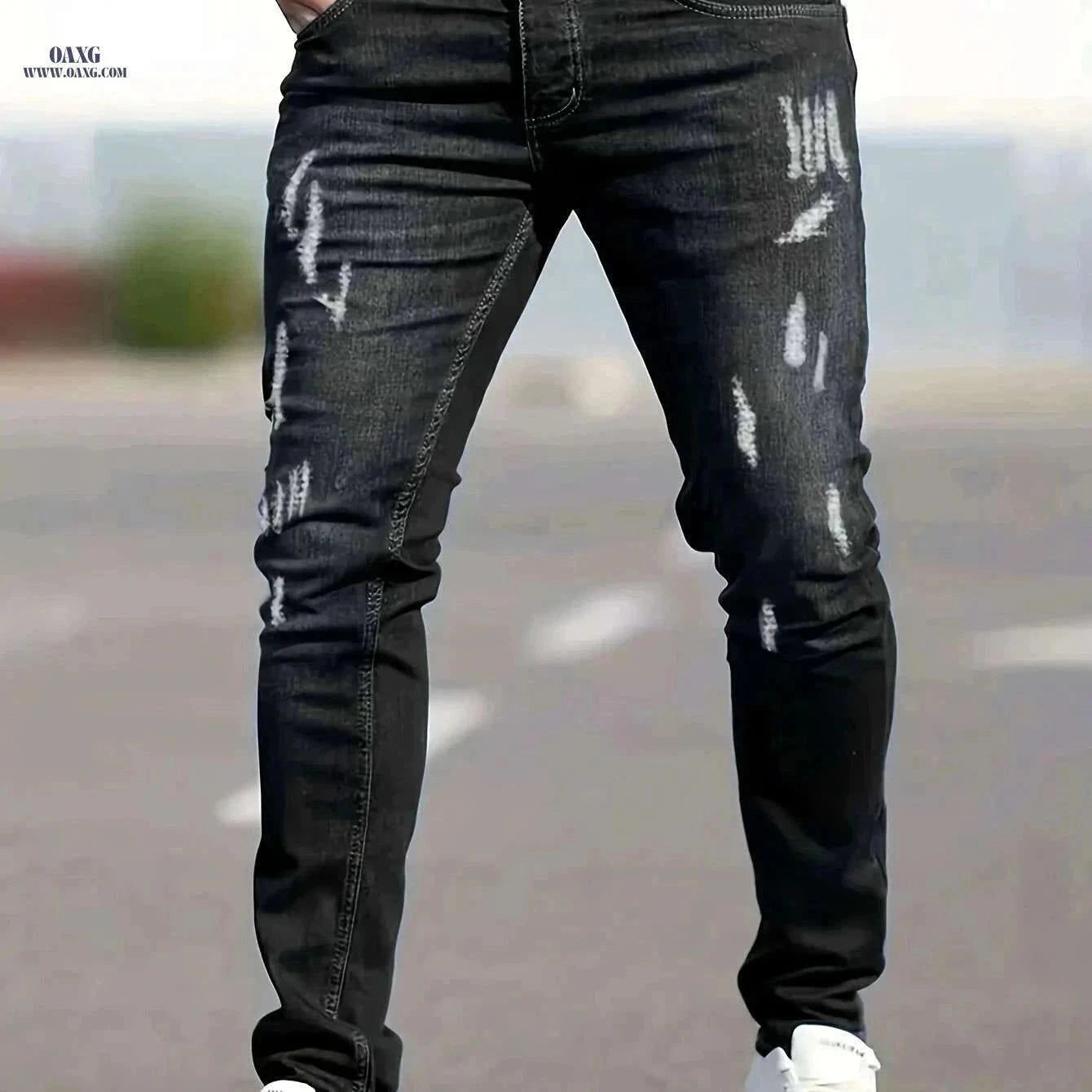 Men's Casual Fit Ripped Jeans - All-Season Comfort & Style   OAXG Black / XS
