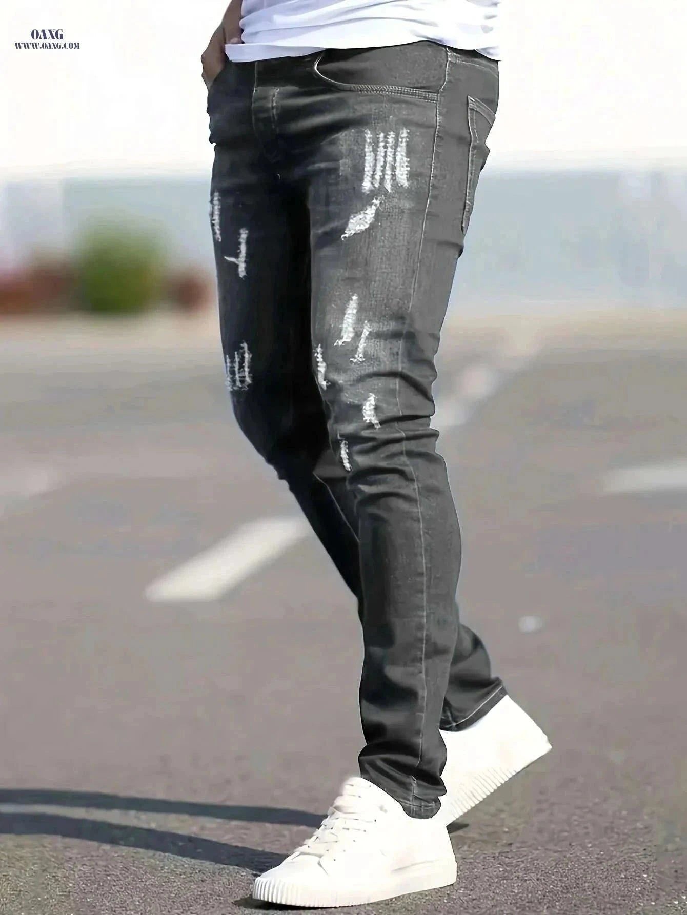 Men's Casual Fit Ripped Jeans - All-Season Comfort & Style   OAXG Black / XS
