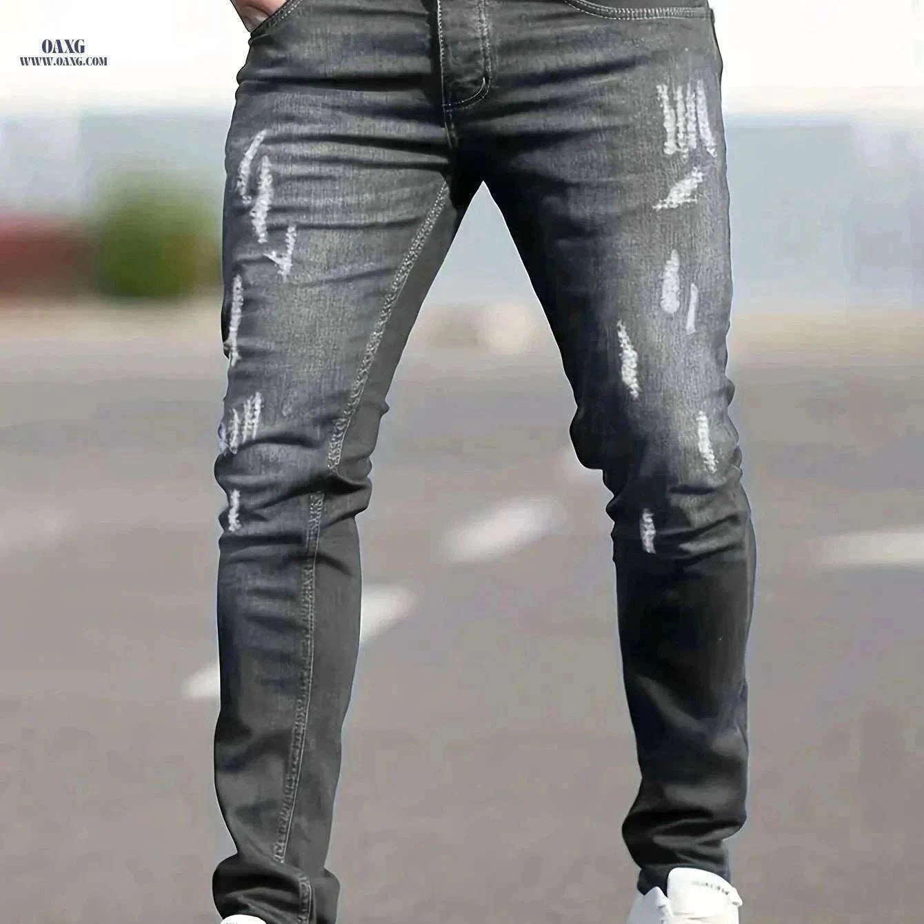 Men's Casual Fit Ripped Jeans - All-Season Comfort & Style   OAXG Black / XS