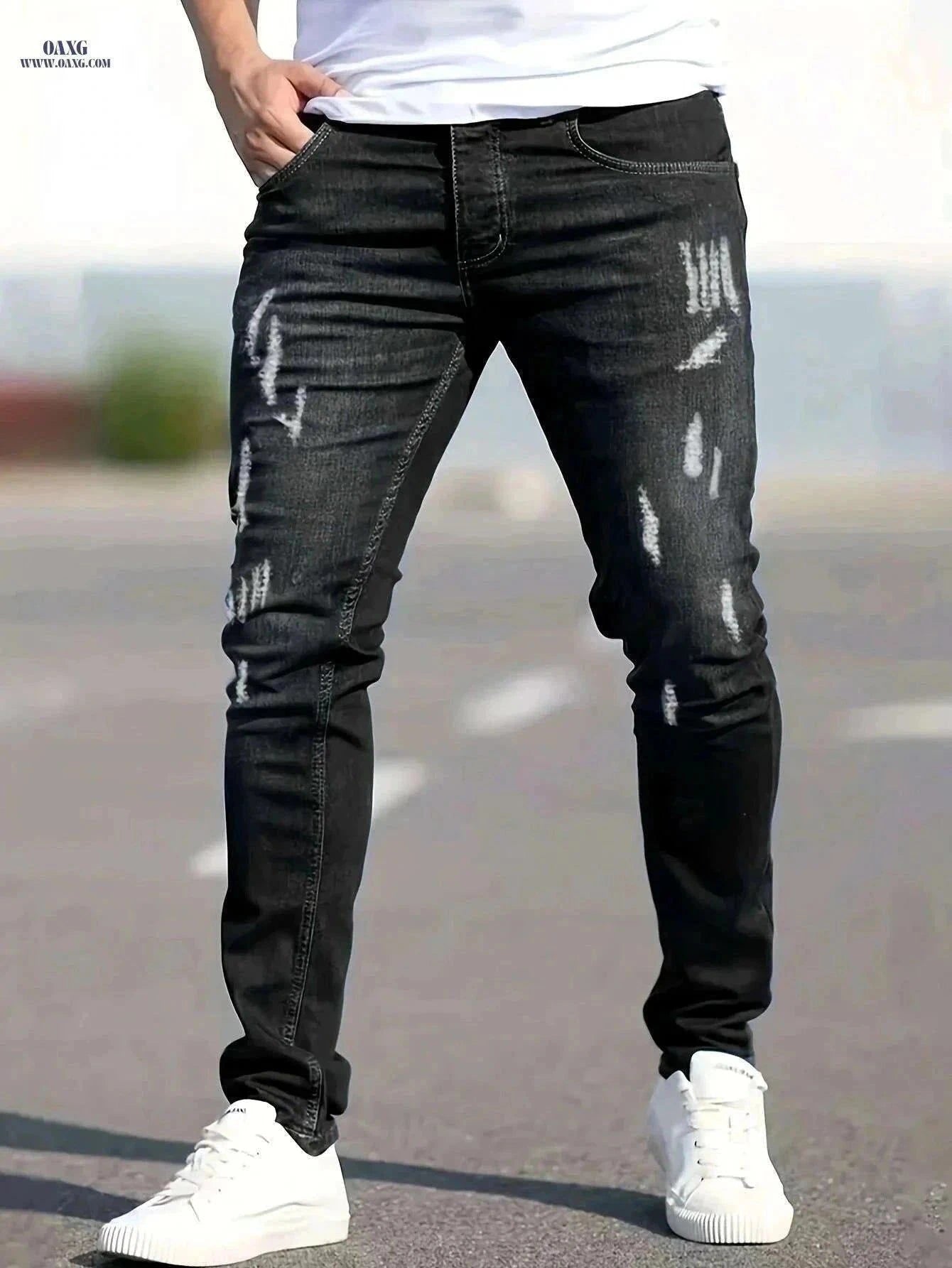 Men's Casual Fit Ripped Jeans - All-Season Comfort & Style   OAXG Black / XS