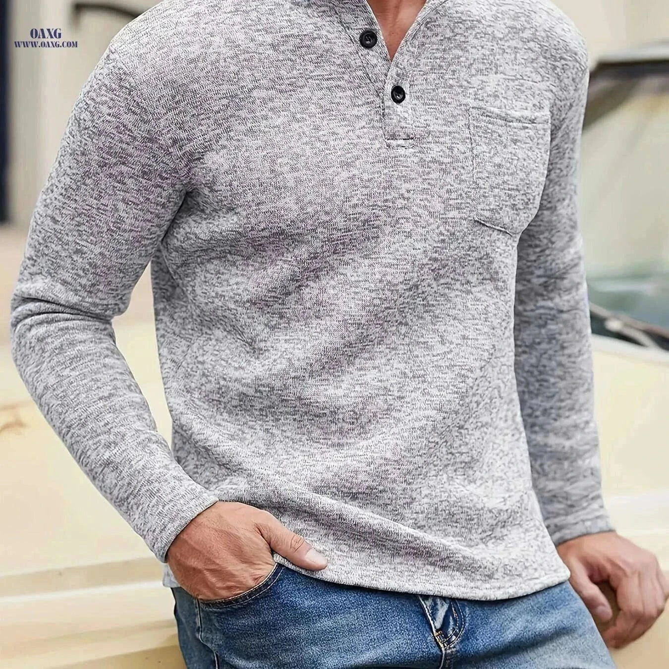 Men's Casual Fleece Lining Shirt - Spring Autumn Long Sleeve Knit   OAXG Light Grey / S