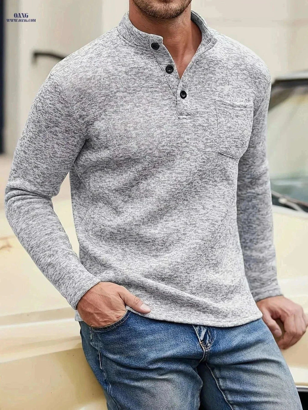Men's Casual Fleece Lining Shirt - Spring Autumn Long Sleeve Knit   OAXG Light Grey / S