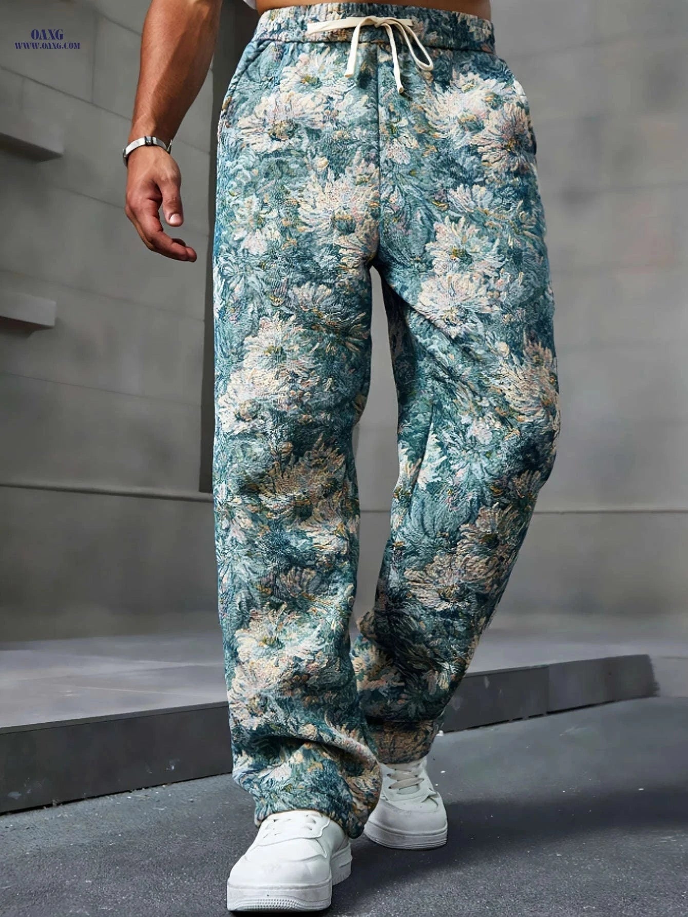 Men's Casual Floral Print Pants - Drawstring Waist, Comfortable Fit   OAXG Blue-green / FR S