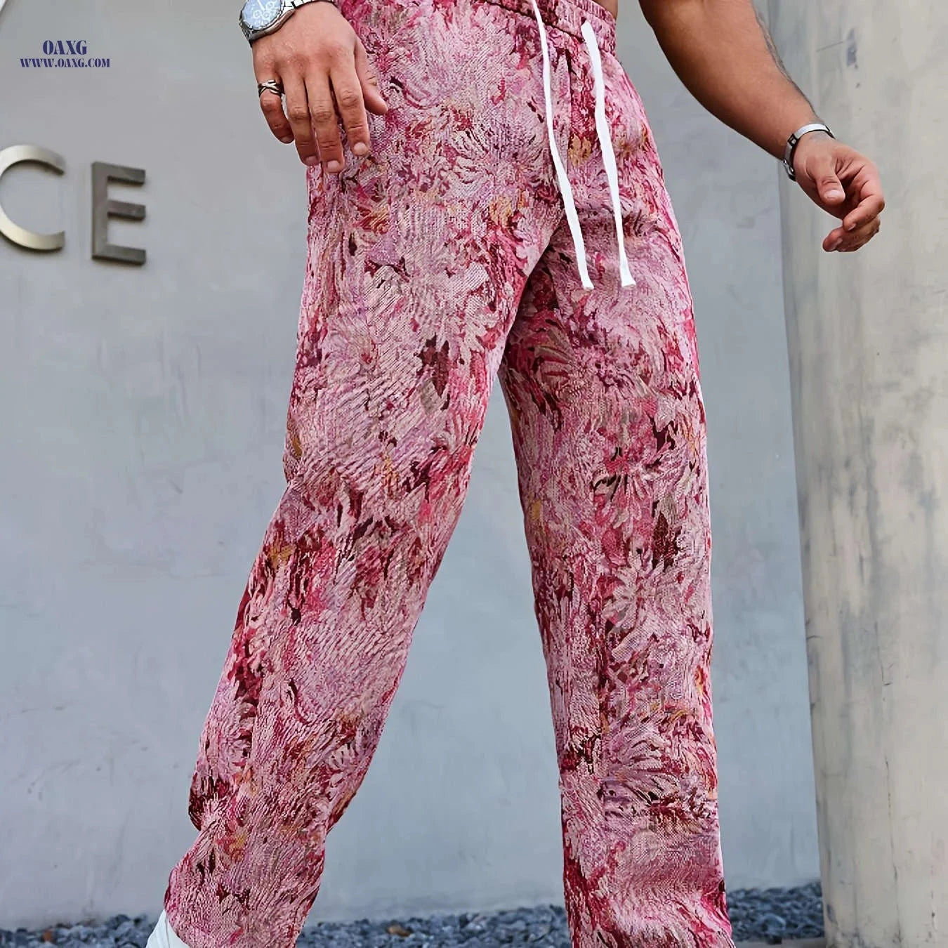 Men's Casual Floral Print Pants - Drawstring Waist, Comfortable Fit   OAXG Blue-green / FR S